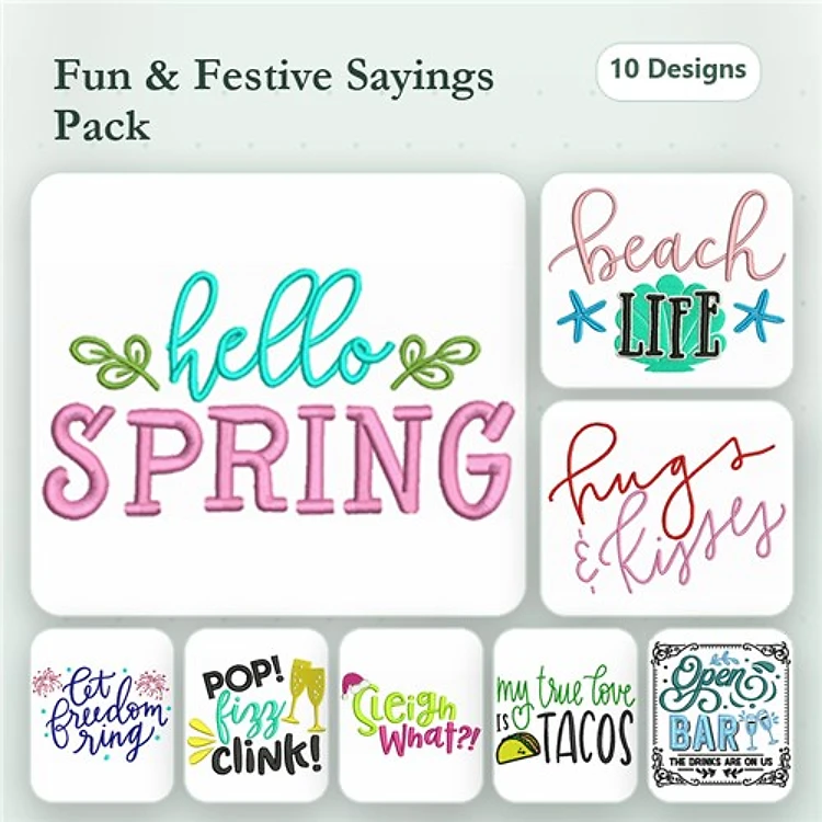 Fun & Festive Spring Embroidery Designs Bundle – Hello Spring, Beach Life, Hugs & Kisses & More (10 Designs)