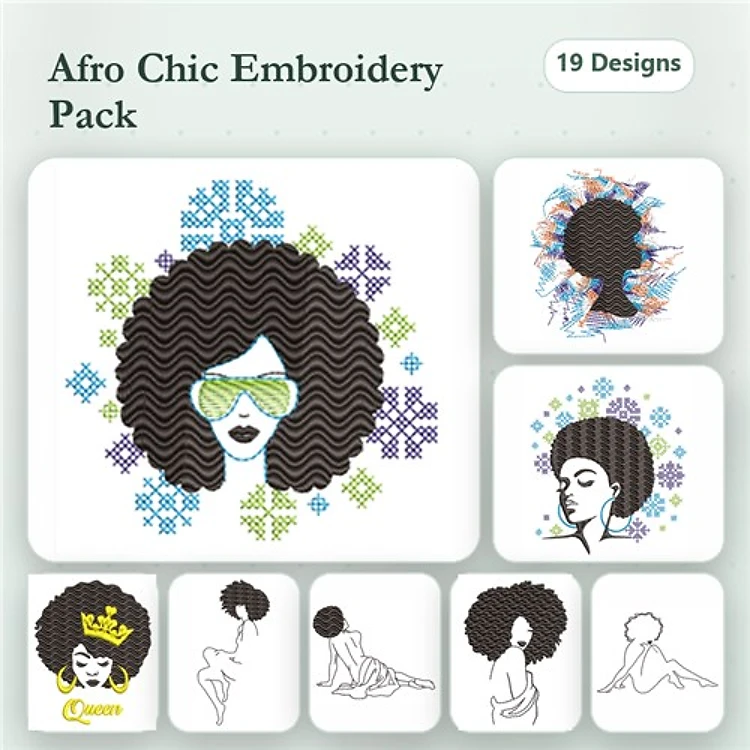 Afro Chic Embroidery Designs Bundle – Woman with Afro and Sunglasses, Afro Woman Profile, & More (19 Designs)