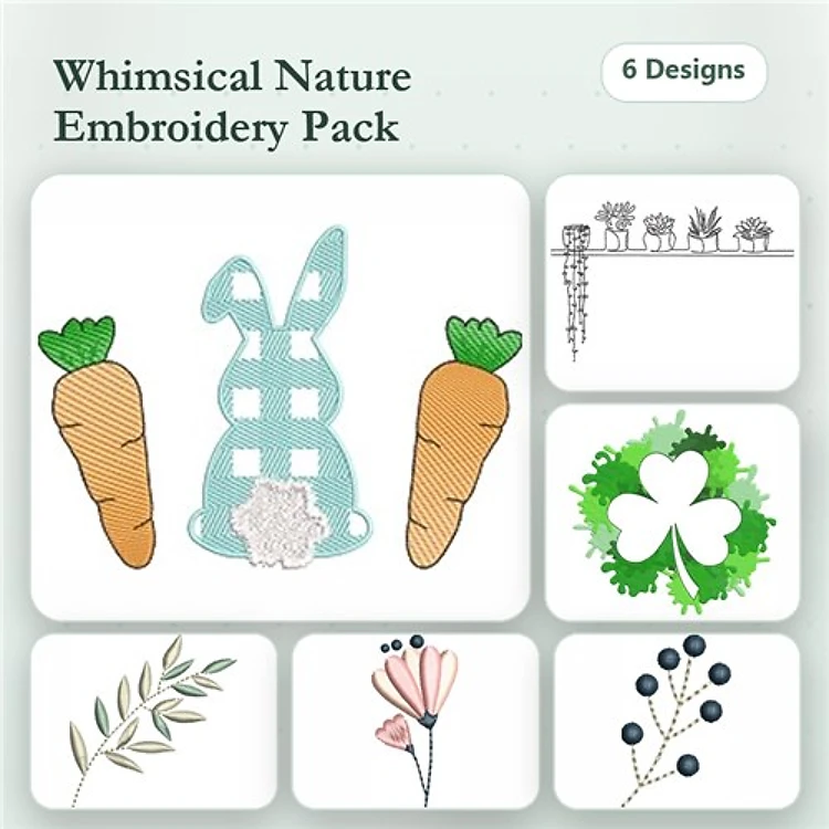 Nature-Themed Embroidery Designs Bundle – Bunny with Carrots, Clover, Flower Bouquet & More (6 Designs)