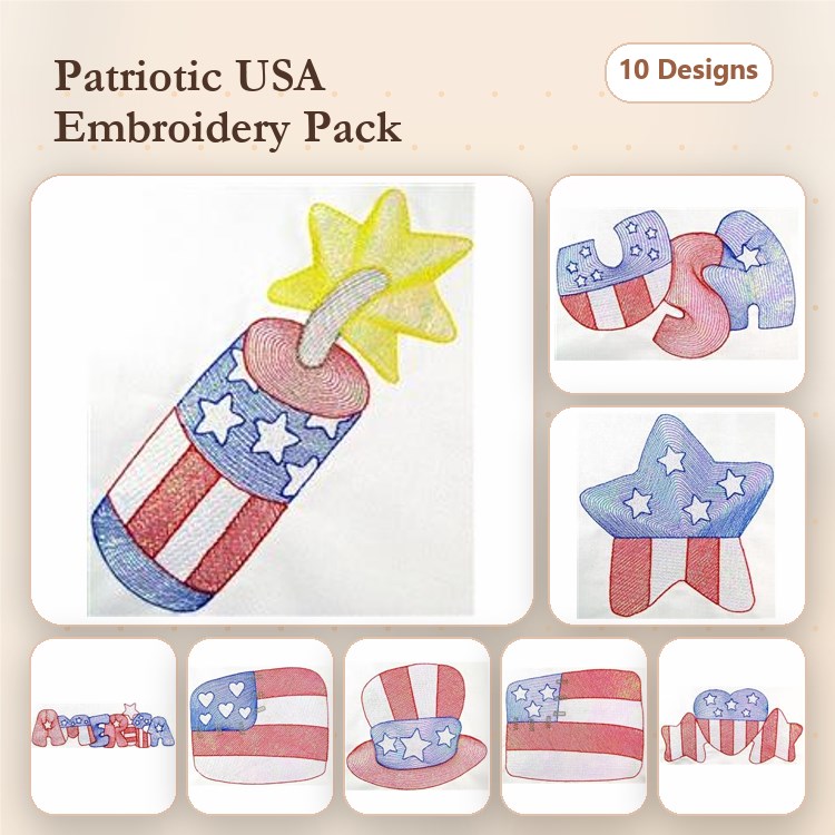 Rippled Patriotic USA Embroidery Designs Bundle – Firecracker, USA Letter, Patriotic Hat & More (10 Designs)