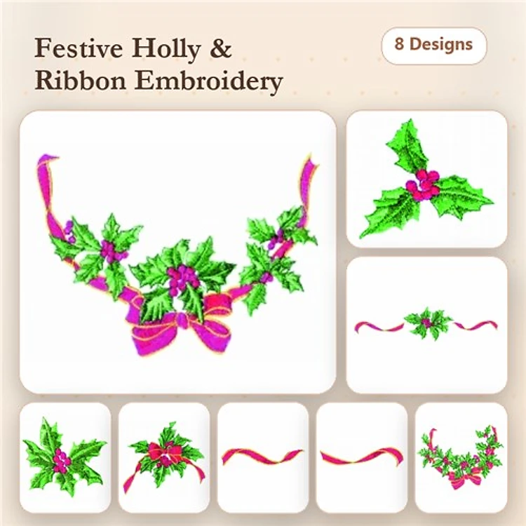 Holly & Ribbon Embroidery Designs Bundle – Holly Wreath, Holly with Red Berries, & More (8 Designs)