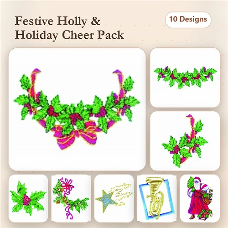 Holly Wreath & Holiday Decorations Embroidery Designs Bundle – Holly Wreath with Bow, Star Ornament, & More (10 Designs)