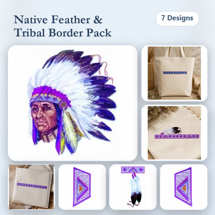 Native American Embroidery Bundle – Headdress, Tribal Borders, Feather & More (7 Designs)