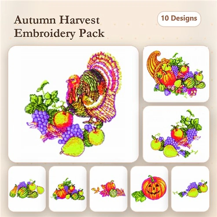 Autumn Harvest Embroidery Designs Bundle – Thanksgiving Turkey, Cornucopia, Pumpkin & More (10 Designs)