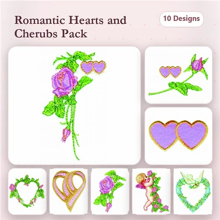 Romantic Hearts & Cherubs Embroidery Designs Bundle – Rose with Hearts, Cherub, Hearts Bouquet & More (10 Designs)
