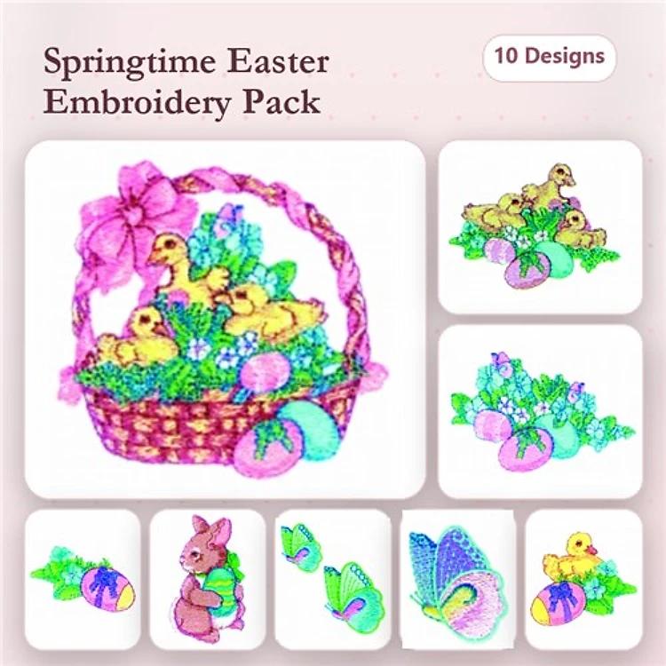 Easter Bunny & Duckling Embroidery Designs Bundle – Easter Basket with Ducks, Decorative Easter Egg & More (10 Designs)