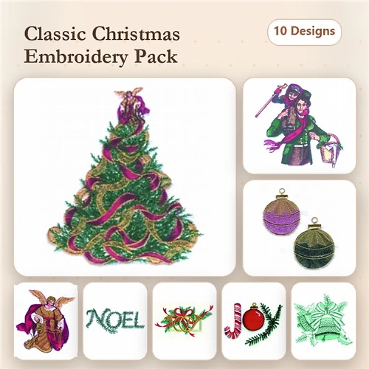 Classic Christmas Embroidery Bundle – Christmas Tree, Victorian Caroler, Christmas Ornament & More (10 Designs)