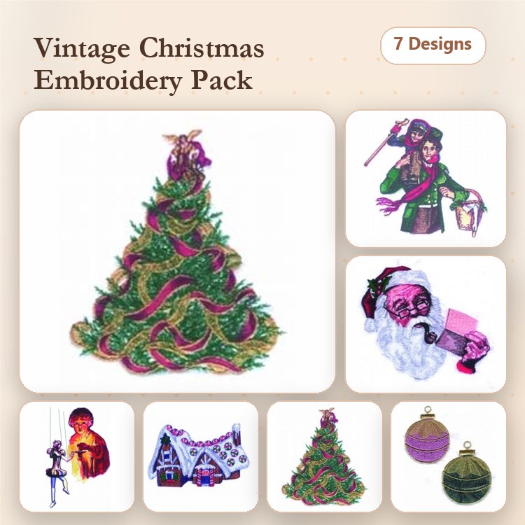 Vintage Christmas Characters Embroidery Designs Bundle – Christmas Tree, Victorian Santa, Caroler & More (7 Designs)