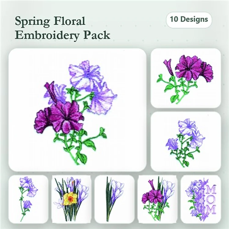 Floral Embroidery Designs Bundle – Purple Petunia, Light Purple Petunia, Yellow Flower & More (10 Designs)
