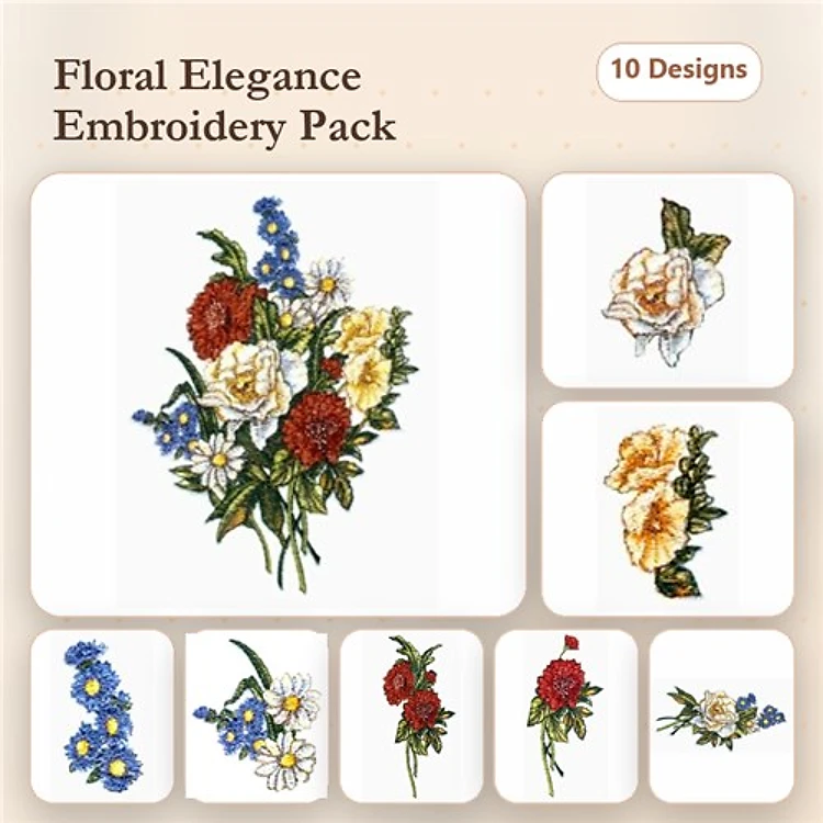 Floral Embroidery Designs Bundle – Red Rose Bouquet, White Rose Bouquet, Yellow Rose Bouquet & More (10 Designs)