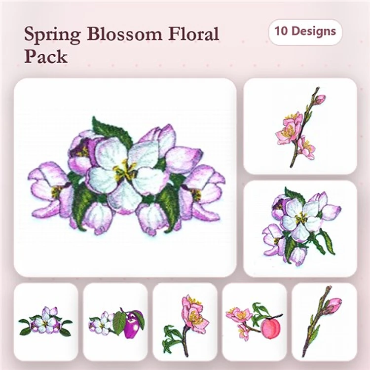 Spring Floral Embroidery Designs Bundle – Flower Bouquet, Blossom Branch, Pink Blossom Branch & More (10 Designs)