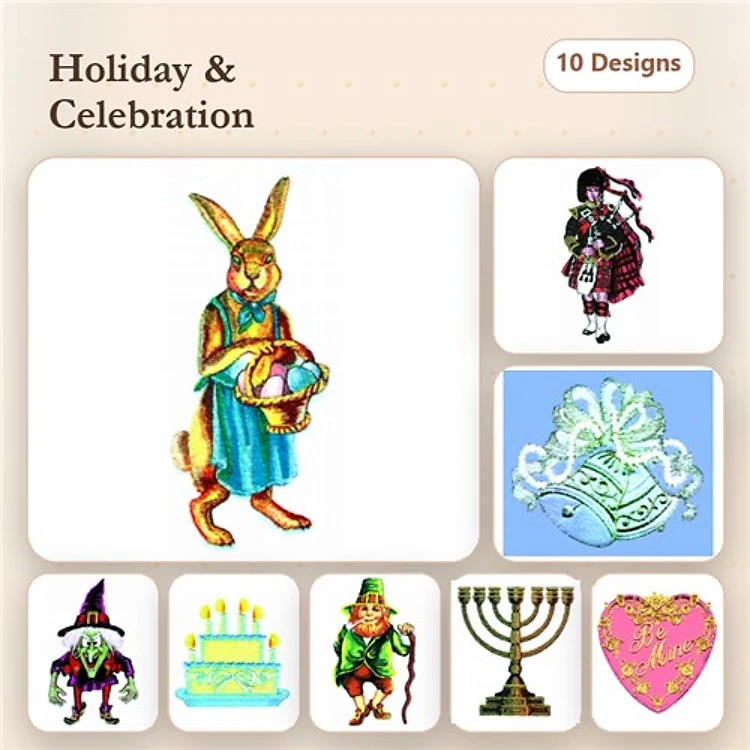 Holiday and Celebration Embroidery Designs Bundle – Easter Bunny, Halloween Witch, Birthday Cake & More (10 Designs)