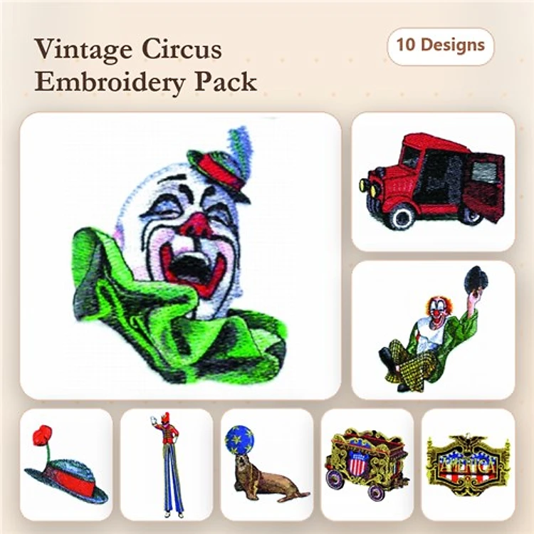 Vintage Circus Embroidery Designs Bundle – Circus Clown, Ringmaster, Performing Seal & More (10 Designs)