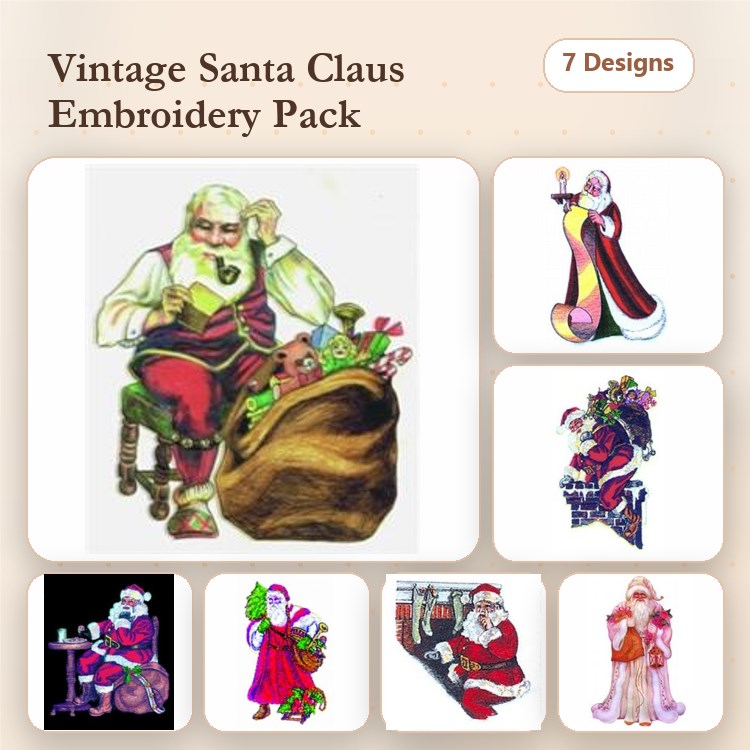 Vintage Santa Claus Embroidery Designs Bundle – Santa with Bag, Santa Reading Letter, Santa with Toys & More (7 Designs)