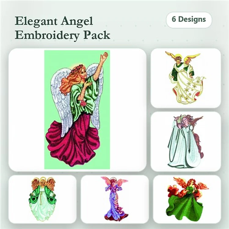 Angels Embroidery Designs Bundle – Elegant Angel in Green and Red, Angel with Star, Angel in White Robe & More (7 Designs)