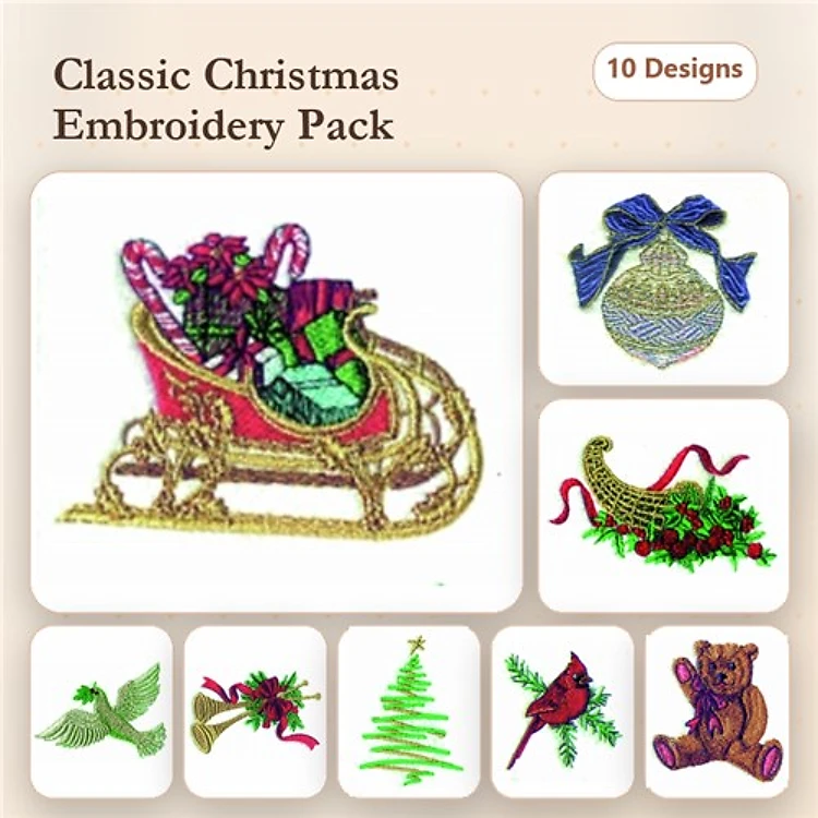 Classic Christmas Embroidery Designs Bundle – Christmas Sleigh, Ornament, Tree, Cardinal Bird & More (10 Designs)