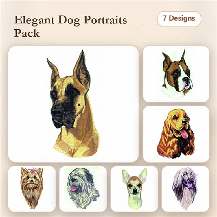 Dog Portrait Embroidery Designs Bundle – Great Dane, Boxer, Chihuahua & More (7 Designs)