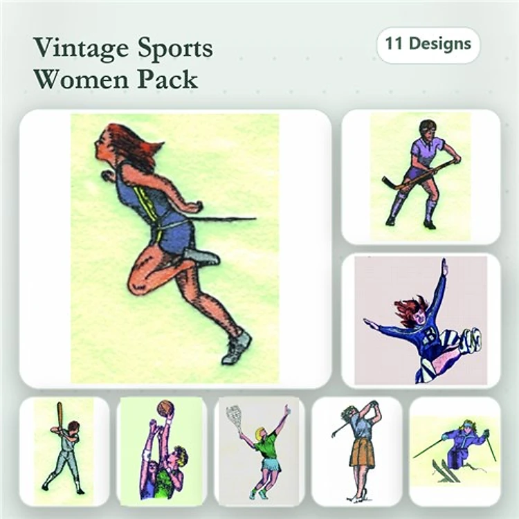 Vintage Sports Women Embroidery Designs Bundle – Female Runner, Basketball Player, Figure Skater & More (11 Designs)