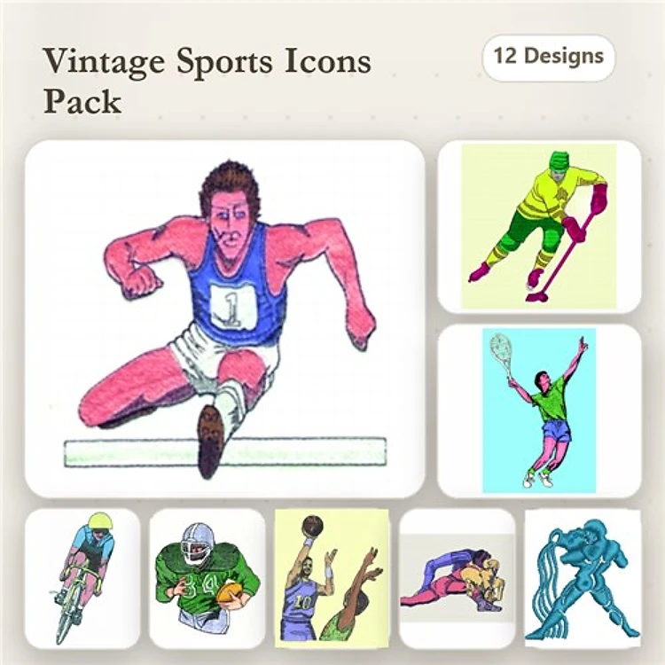 Vintage Sports Icons Embroidery Designs Bundle – High Jumper, Skiing Figure, Tennis Player & More (12 Designs)
