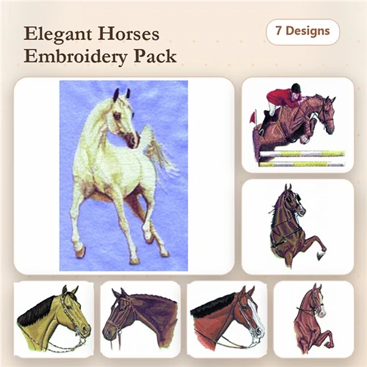 Elegant Horses Embroidery Designs Bundle – White Horse, Jumping Horse, Standing Horse & More (7 Designs)