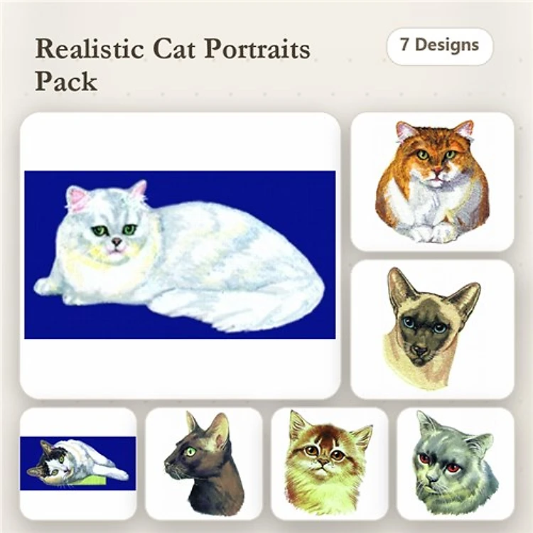 Realistic Cat Portraits Embroidery Bundle – White Cat, Orange Tabby, Siamese & More (7 Designs)