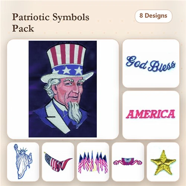 Patriotic Symbols Embroidery Designs Bundle – Uncle Sam, Eagle, Flag with Stars & More (12 Designs)