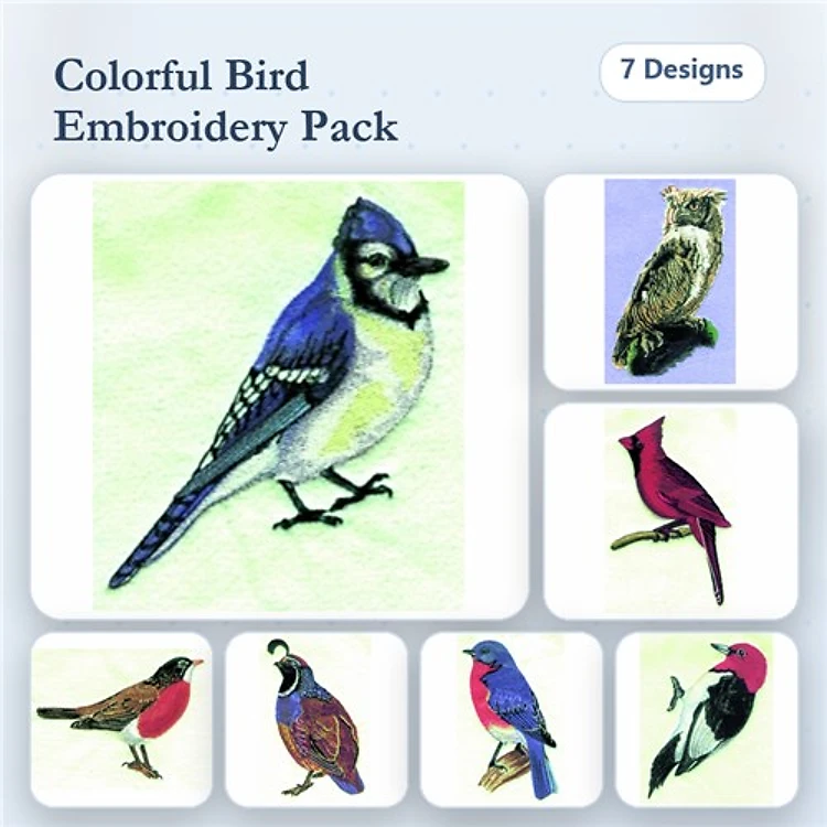 Colorful Birds Embroidery Designs Bundle – Blue Jay, Owl, Cardinal & More (7 Designs)