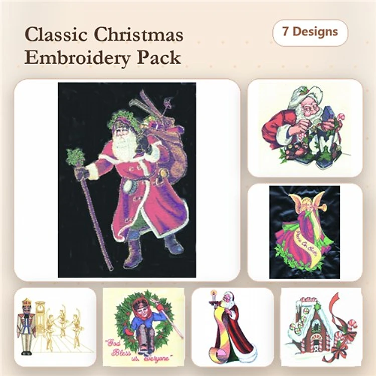 Classic Christmas Embroidery Bundle – Santa Claus, Christmas Tree, Nutcracker & More (7 Designs)