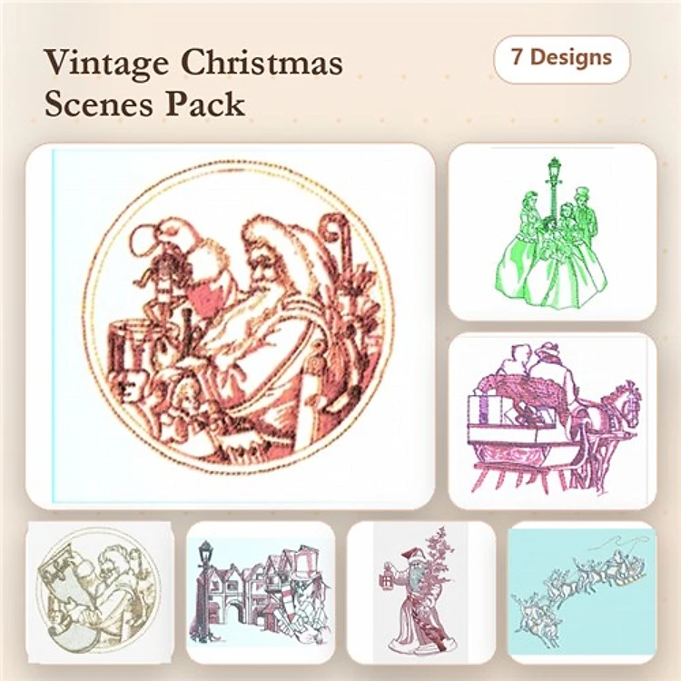 Redwork Vintage Christmas Scenes Embroidery Designs Bundle – Santa with Toys, Christmas Tree with Ornaments, Sleigh with Reindeer & More (7 Designs)