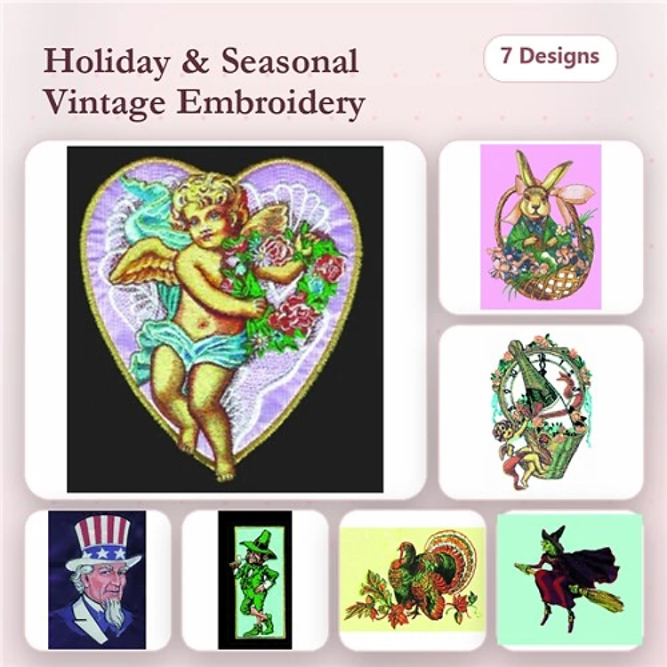Holiday and Seasonal Vintage Embroidery Designs Bundle – Cherub with Flowers, Easter Bunny, Uncle Sam & More (7 Designs)