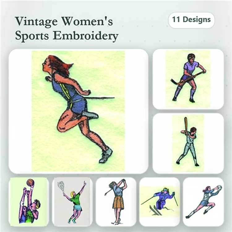 Vintage Women's Sports Embroidery Bundle – Runner, Soccer Player, Tennis Player & More (11 Designs)