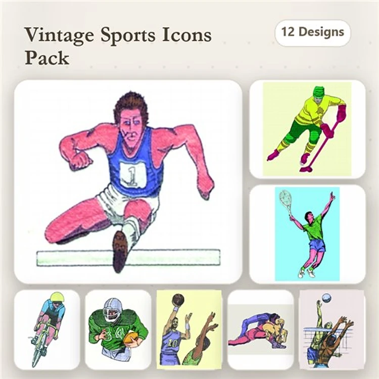 Vintage Sports Icons Embroidery Designs Bundle – Runner, Skiing, Tennis Player & More (12 Designs)