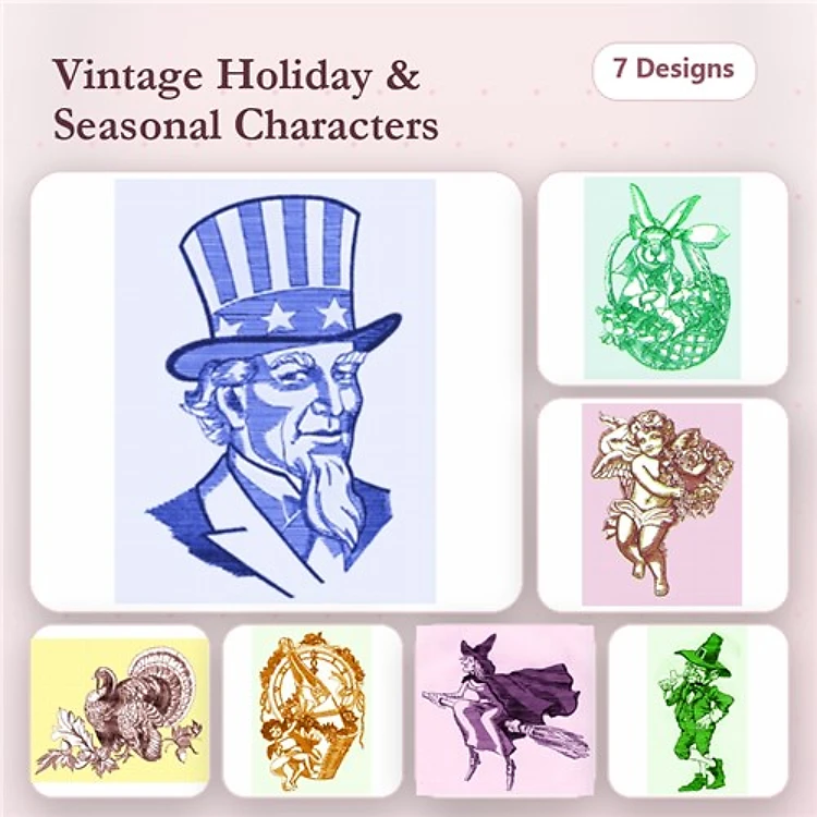 Vintage Holiday Characters Embroidery Designs Bundle – Uncle Sam, Easter Bunny, Thanksgiving Turkey & More (7 Designs)