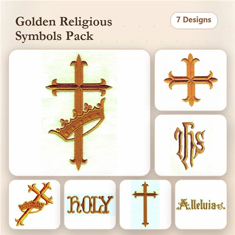 Golden Religious Symbols Embroidery Designs Bundle – Crown Cross, Holy Cross, Alleluia Cross & More (7 Designs)