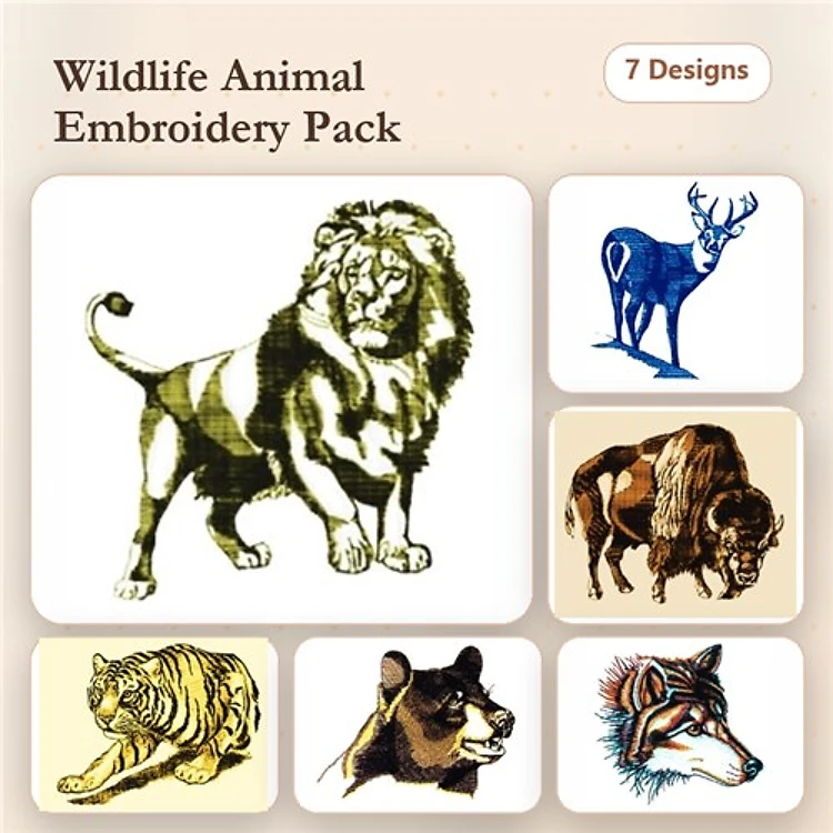 Wildlife Embroidery Bundle – Deer, Buffalo, Tiger & More (7 Designs)