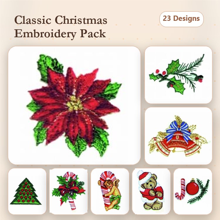 Classic Christmas Embroidery Bundle – Poinsettia, Holly Branch, Christmas Tree & More (24 Designs)