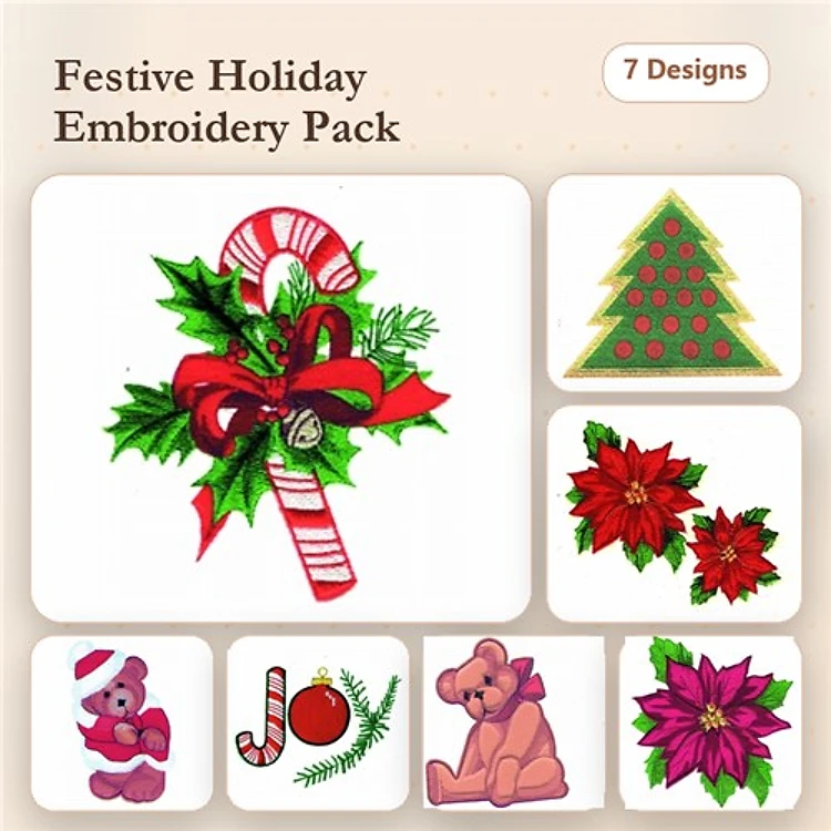 Applique Festive Holiday Embroidery Designs Bundle – Candy Cane with Bow, Christmas Tree, Poinsettia & More (7 Designs)