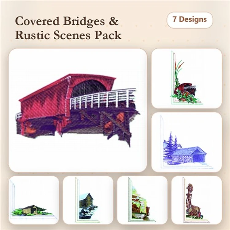 Covered Bridges Embroidery Designs Bundle – Covered Bridge, Rustic Barn, Old Tractor & More (7 Designs)