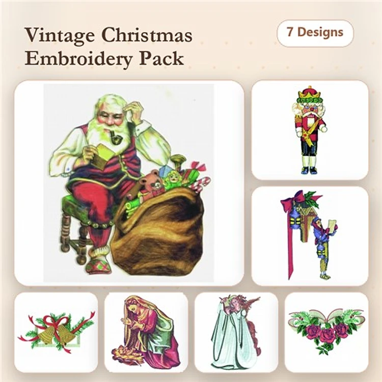 Vintage Christmas Embroidery Designs Bundle – Santa with Gifts, Nutcracker, Christmas Stocking & More (7 Designs)