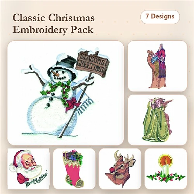 Applique Classic Christmas Embroidery Designs Bundle – Snowman, Santa Claus, Reindeer & More (7 Designs)