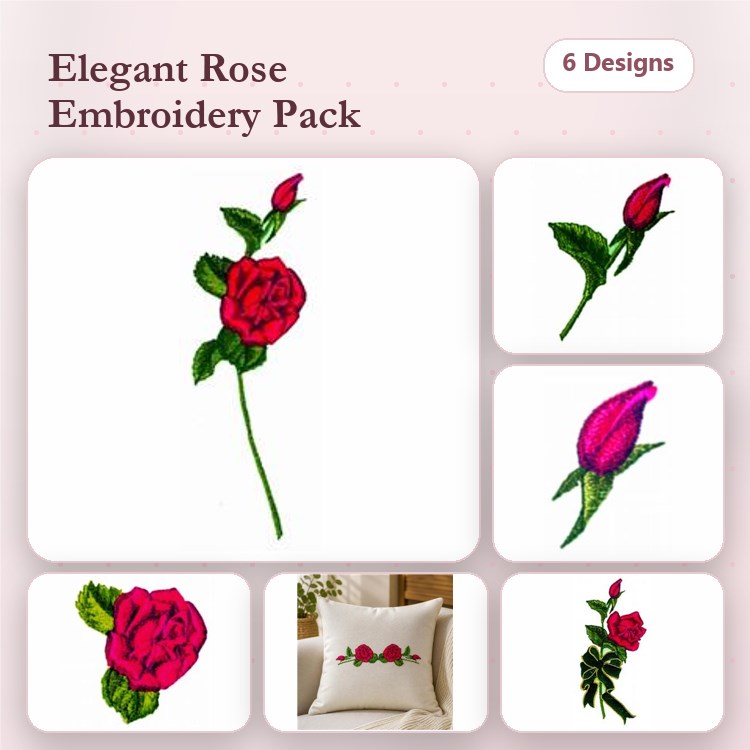 Elegant Rose Embroidery Designs Bundle – Red Rose, Pink Rose Bud, Rose Bouquet & More (6 Designs)
