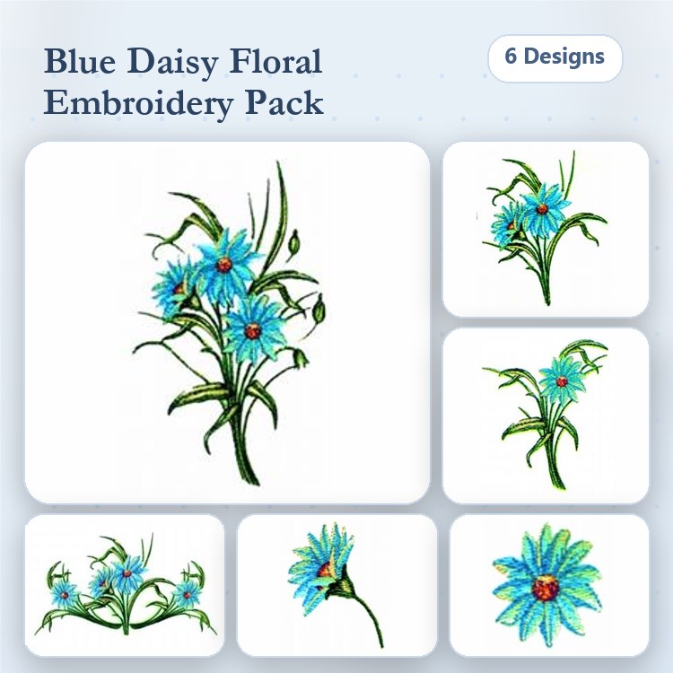 Blue Daisy Floral Embroidery Bundle – Blue Daisy with Stems, Blue Daisy Bouquet, Single Blue Daisy & More (6 Designs)