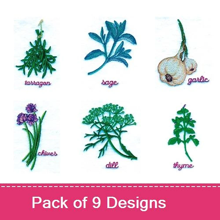 Herbs & Spices Embroidery Designs Bundle – Tarragon, Sage, Garlic, Chives & More (9 Designs)