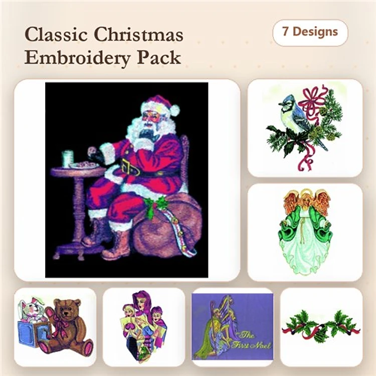 Classic Christmas Embroidery Designs Bundle – Santa Claus, Angels, Teddy Bear & More (7 Designs)
