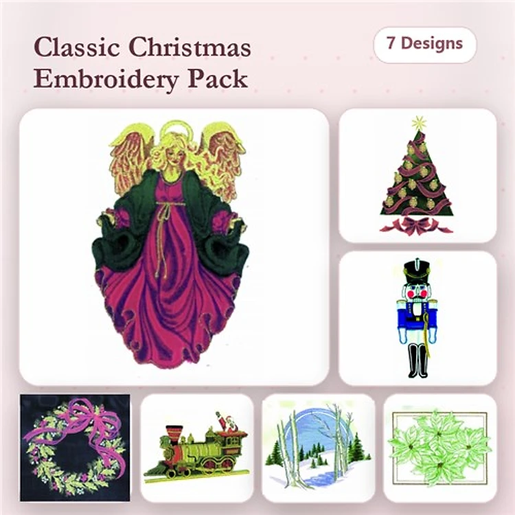 Classic Christmas Embroidery Designs Bundle – Angel, Christmas Tree, Nutcracker & More (7 Designs)