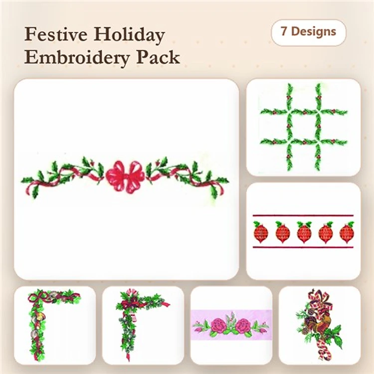 Festive Holiday Embroidery Bundle – Floral Border with Holly, Cross Stitch, Holly Berry Border & More (7 Designs)
