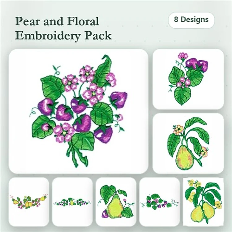 Pear & Floral Embroidery Bundle – Flower Cluster, Single Pear, Pear with Blossom & More (8 Designs)