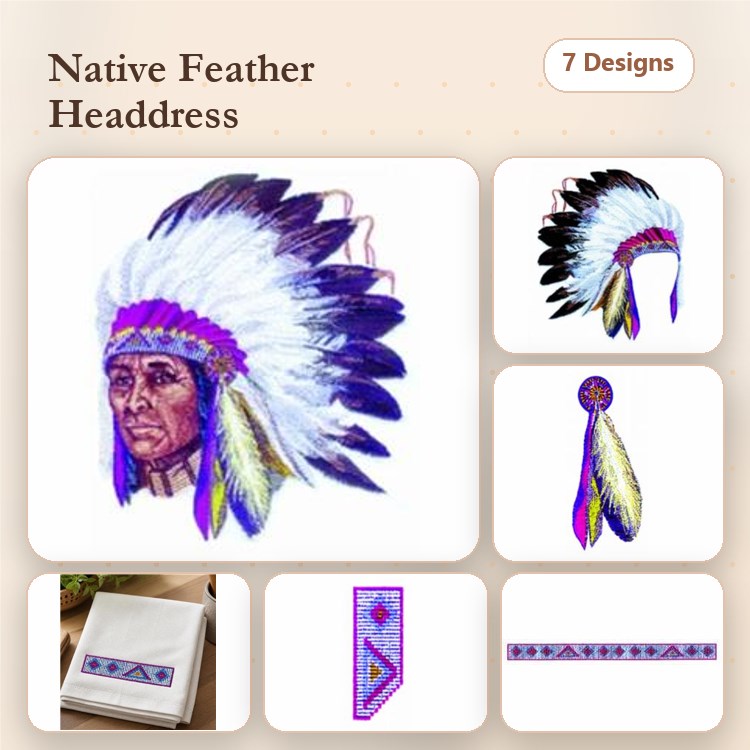 Native American Headdress Embroidery Designs Bundle – Headdress, Profile, Feathered Headpiece & More (7 Designs)