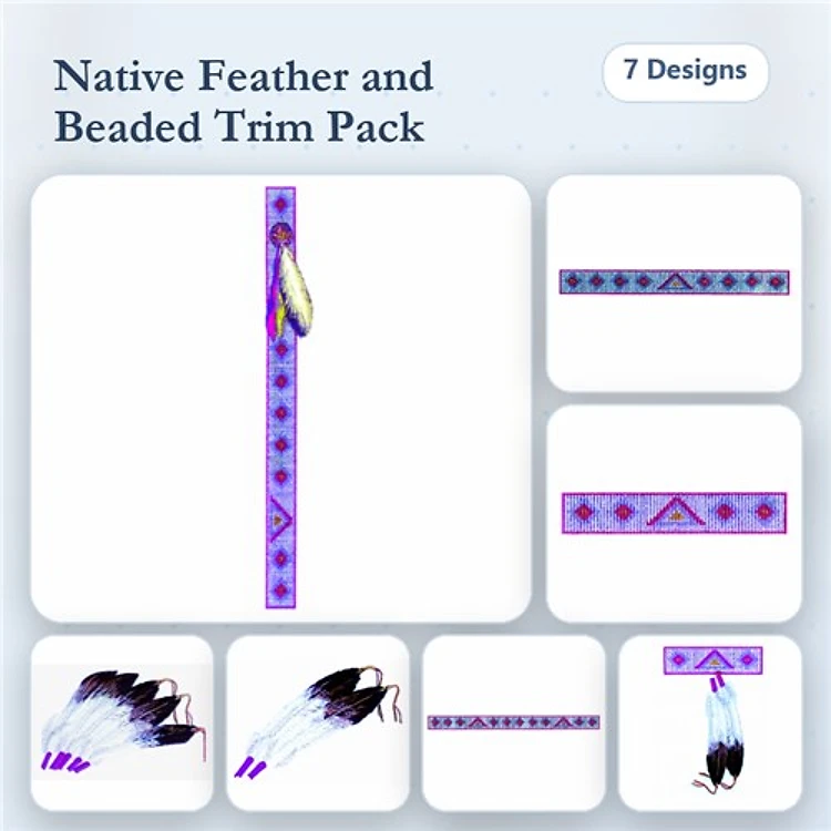 Native Feather & Beaded Trim Embroidery Designs Bundle – Native Feather Design, Beaded Trim Design 1, & More (7 Designs)