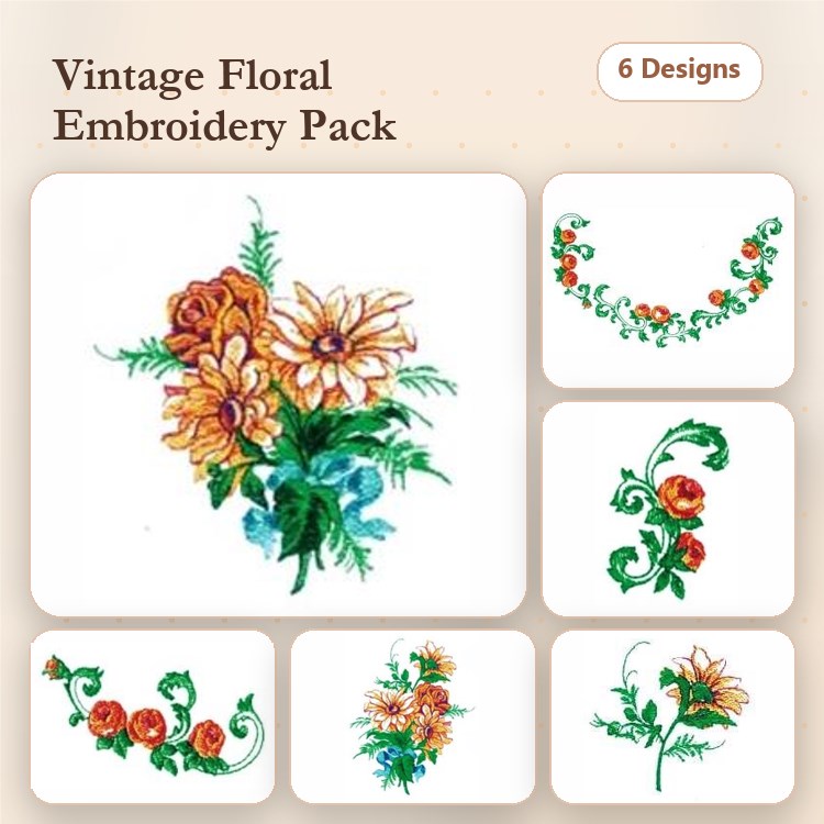 Floral Embroidery Designs Bundle – Floral Bouquet, Floral Swag, Floral Spray & More (6 Designs)